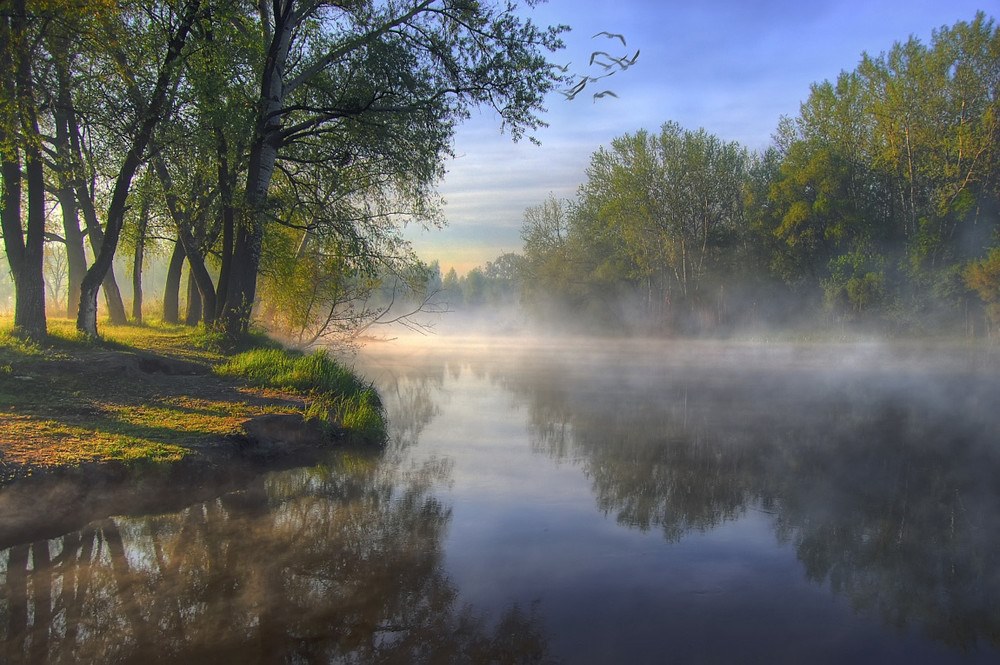 Город стоит над рекою. Утренняя река. Пейзаж утро. Пейзаж в дымке. Туман на реке.